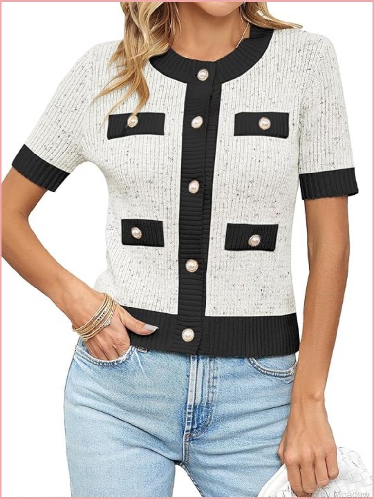 Short Sleeve Button Down Cardigan Sweater - Lightweight Cropped Crew Neck Top